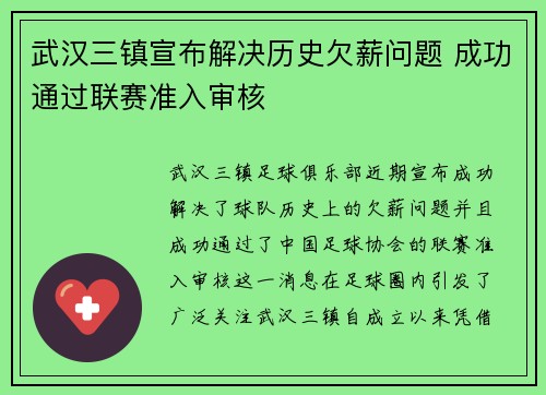 武汉三镇宣布解决历史欠薪问题 成功通过联赛准入审核 武汉三镇宣布解决历史欠薪问题 成功通过联赛准入审核